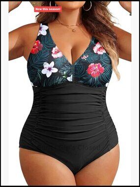 Plus Size Tummy Control One Piece Swimsuit Ruched V Neck Bathing Suit